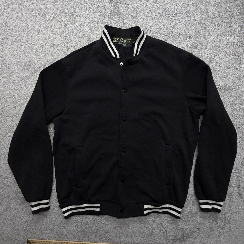 Oscar Sports Jacket Mens XL Black Varsity Bomber Snap Button Striped Trim‎